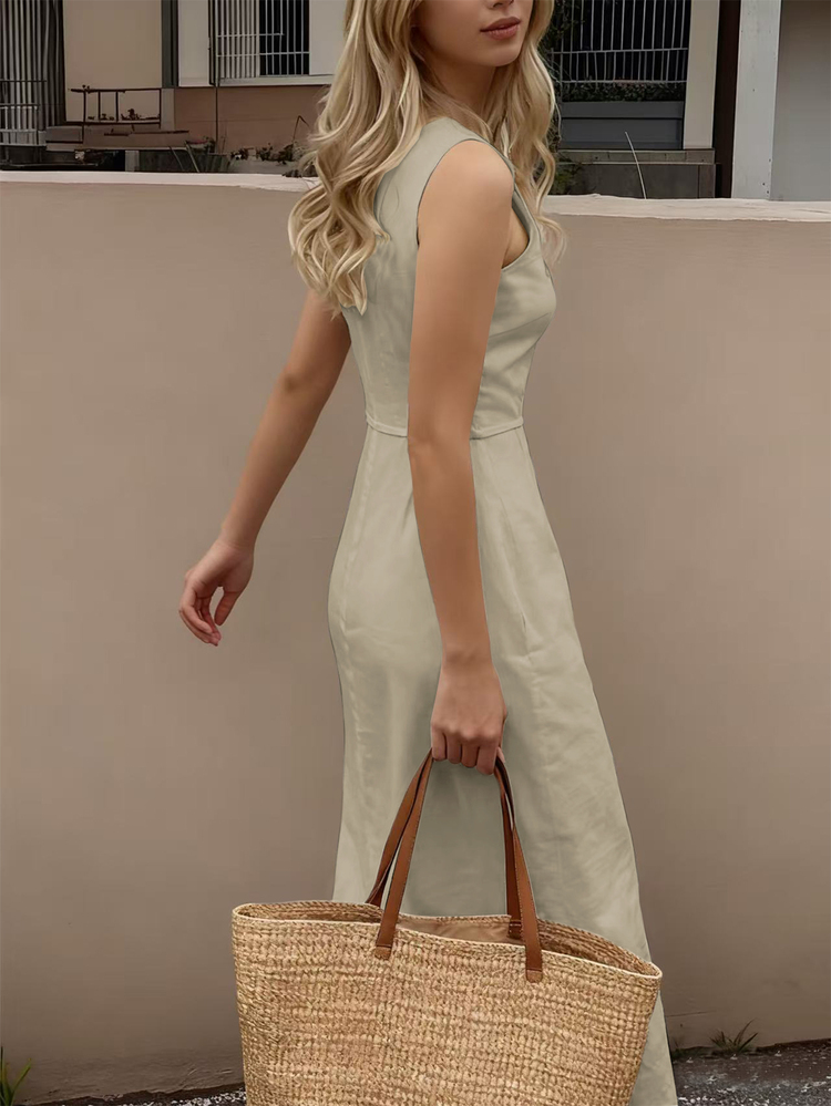 EMERY ROSE Women's Solid Color Round Neck Sleeveless Tie Waist Casual French Minimalist Summer Dress Vacation Sage Green - Khaki - View 2