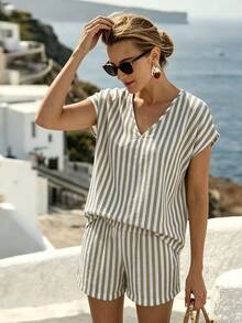 SHEIN 女士条纹时尚休闲夏季度假两件套短裤套装 - 軍綠色 - 查看 6