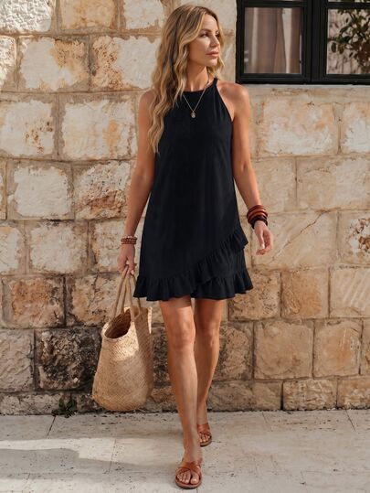 SHEIN Women's Solid Color Halter Neck Dress With Ruffle Hem For Vacation