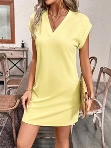 EMERY ROSE Đầm nghỉ mát cổ chữ V màu trơn có họa tiết dành cho nữ - Màu be - Xem 4