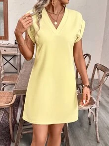 EMERY ROSE Đầm nghỉ mát cổ chữ V màu trơn có họa tiết dành cho nữ - Màu be - Xem 5