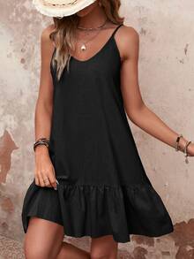 EMERY ROSE Solid Ruffle Hem Cami Dress Vacation Beach Outfits Women - Black - View 4