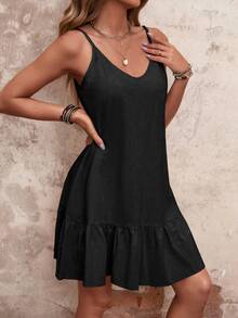 EMERY ROSE Solid Ruffle Hem Cami Dress Vacation Beach Outfits Women - Black - View 5