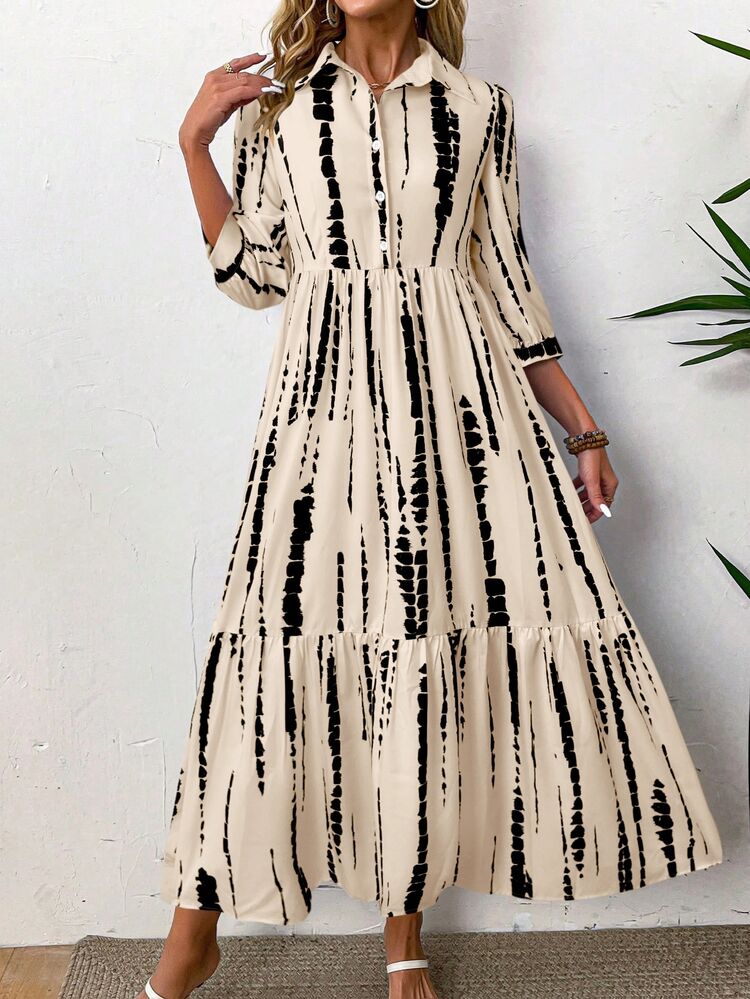 EMERY ROSE Women Tie-Dye Pattern Casual Mid-Length Sleeve Dress, Autumn Maxi Vacation Beach Outfit - Apricot - View 6