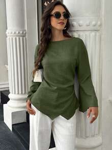 EMERY ROSE Women's Solid Color Minimalist Long Sleeve Shirt, Casual Everyday Wear Everyday Olive Green Autumn - Army Green - View 7