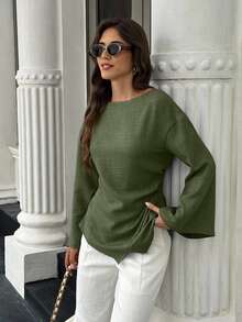 EMERY ROSE Women's Solid Color Minimalist Long Sleeve Shirt, Casual Everyday Wear Everyday Olive Green Autumn - Army Green - View 6