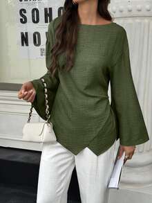 EMERY ROSE Women's Solid Color Minimalist Long Sleeve Shirt, Casual Everyday Wear Everyday Olive Green Autumn - Army Green - View 4