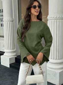 EMERY ROSE Women's Solid Color Minimalist Long Sleeve Shirt, Casual Everyday Wear Everyday Olive Green Autumn - Army Green - View 5