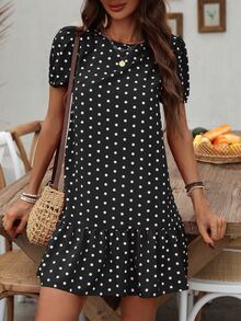 EMERY ROSE Vestido recto de verano para mujer con estampado de lunares, cuello redondo, manga corta abullonada - Negro - Ver 5
