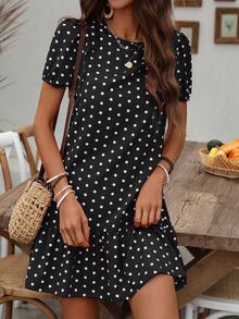 EMERY ROSE Vestido recto de verano para mujer con estampado de lunares, cuello redondo, manga corta abullonada - Negro - Ver 4