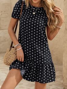 EMERY ROSE Vestido recto de verano para mujer con estampado de lunares, cuello redondo, manga corta abullonada - Negro - Ver 1