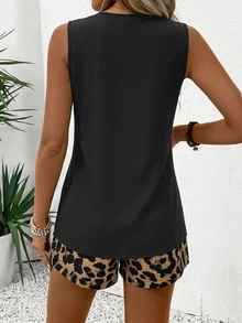 EMERY ROSE V-Neck Sleeveless Casual Striped 2 Pieces Set For Women - Black - View 2