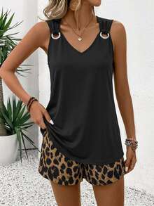 EMERY ROSE V-Neck Sleeveless Casual Striped 2 Pieces Set For Women - Black - View 6