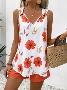 EMERY ROSE V-Neck Sleeveless Casual Striped 2 Pieces Set For Women - Orange - View 7
