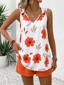 EMERY ROSE V-Neck Sleeveless Casual Striped 2 Pieces Set For Women - Orange - View 5
