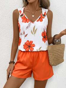 EMERY ROSE V-Neck Sleeveless Casual Striped 2 Pieces Set For Women - Orange - View 4