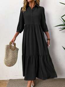EMERY ROSE Vestido largo de manga corta de unicolor y estilo casual para mujer - Negro - Ver 4
