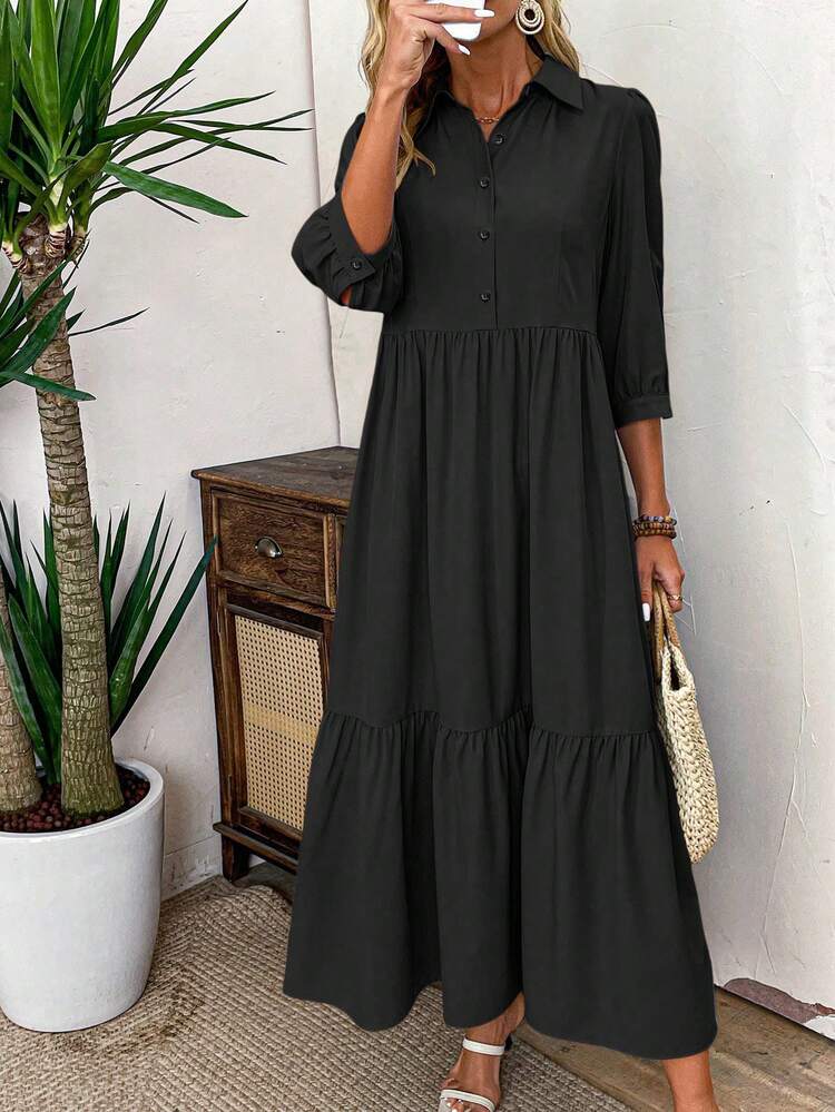 EMERY ROSE Women Solid Color Casual Short Sleeve Dress Maxi Women Outfit - Black - View 1