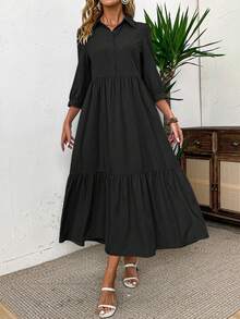 EMERY ROSE Vestido largo de manga corta de unicolor y estilo casual para mujer - Negro - Ver 7
