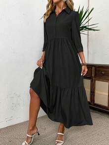 EMERY ROSE Vestido largo de manga corta de unicolor y estilo casual para mujer - Negro - Ver 6