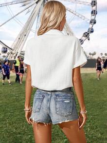 EMERY ROSE Textured Button Down Short Sleeve Shirt - White - View 2