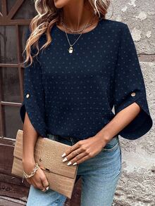 EMERY ROSE Women's Polka Dot Cutout Textured Mid-Sleeve Asymmetrical Cuff Decor Button Bohemian Style Loose Fit Round Neck Blouse - Navy Blue - View 4