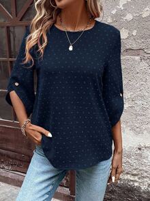 EMERY ROSE Women's Polka Dot Cutout Textured Mid-Sleeve Asymmetrical Cuff Decor Button Bohemian Style Loose Fit Round Neck Blouse - Navy Blue - View 6