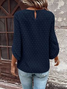 EMERY ROSE Women's Polka Dot Cutout Textured Mid-Sleeve Asymmetrical Cuff Decor Button Bohemian Style Loose Fit Round Neck Blouse - Navy Blue - View 2