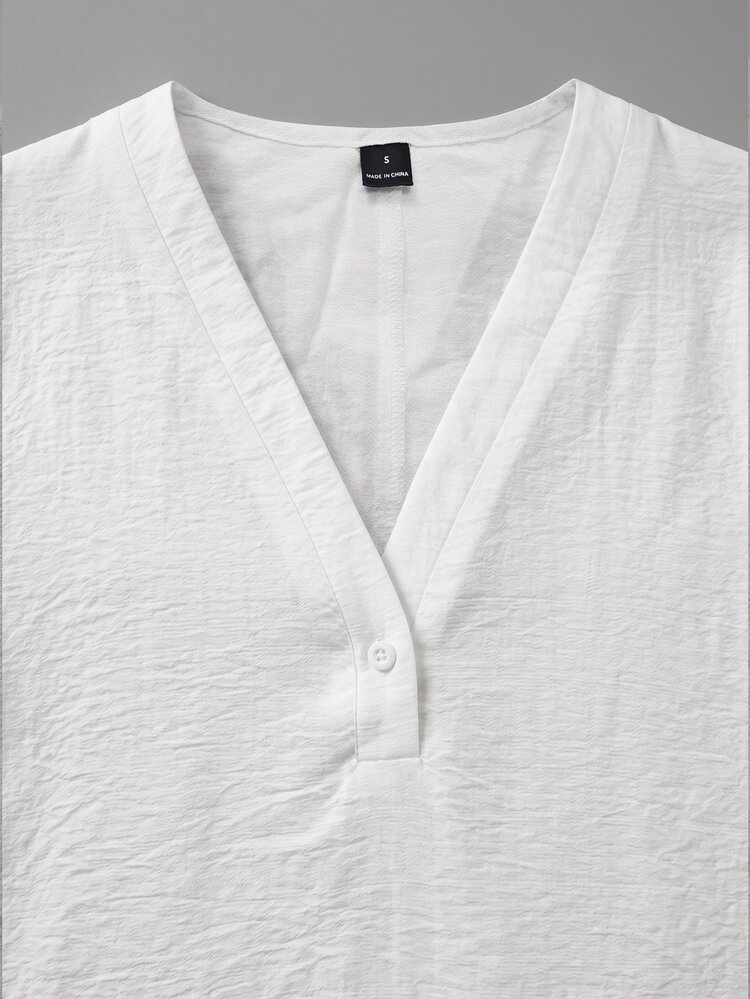 EMERY ROSE Women's Plain V-Neck Casual Daily Autumn Blouse Vacation White - White - View 6