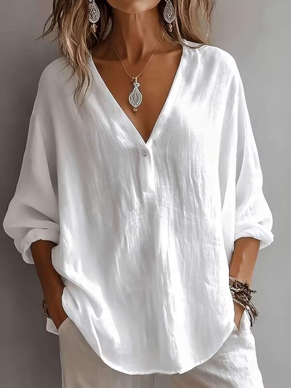 EMERY ROSE Women's Plain V-Neck Casual Daily Autumn Blouse Vacation White