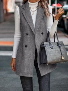 EMERY ROSE Lapel Neck Double Breasted Vest Blazer - Grey - View 5