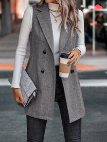 EMERY ROSE Lapel Neck Double Breasted Vest Blazer - Grey - View 3