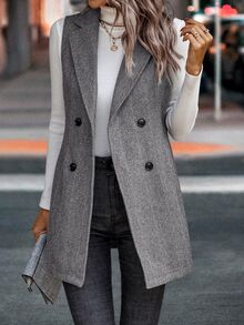EMERY ROSE Lapel Neck Double Breasted Vest Blazer - Grey - View 4