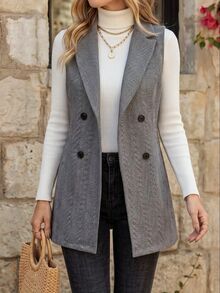 EMERY ROSE Lapel Neck Double Breasted Vest Blazer - Grey - View 1