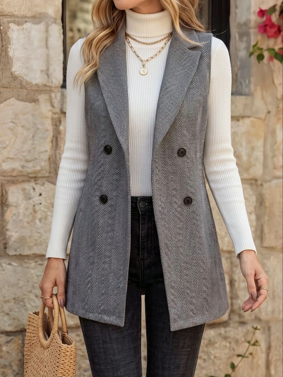 EMERY ROSE Lapel Neck Double Breasted Vest Blazer - Grey - View 1