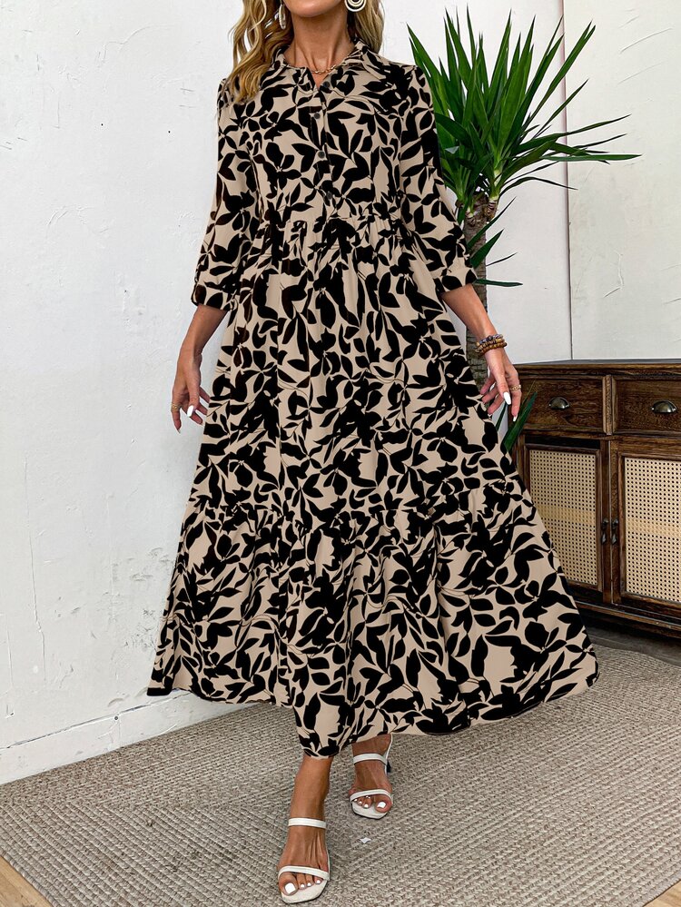 EMERY ROSE Elegant Floral Print Shirt Dress With Turndown Collar, Blue & White - Multicolor - View 3