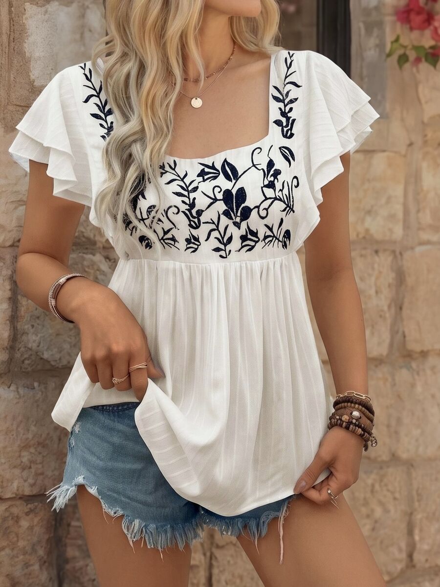 EMERY ROSE Women's Summer Square Neck Embroidered Short Sleeve Shirt Peplum Top - Apricot - View 1
