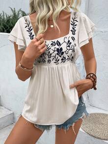 EMERY ROSE Women's Summer Square Neck Embroidered Short Sleeve Shirt Peplum Top - Apricot - View 4