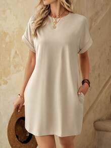 EMERY ROSE Women's Casual Solid Color Round Neck Batwing Sleeve Dress, Summer - Apricot - View 1