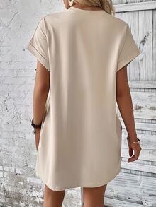 EMERY ROSE Women's Casual Solid Color Round Neck Batwing Sleeve Dress, Summer - Apricot - View 2