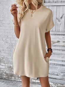 EMERY ROSE Women's Casual Solid Color Round Neck Batwing Sleeve Dress, Summer - Apricot - View 4
