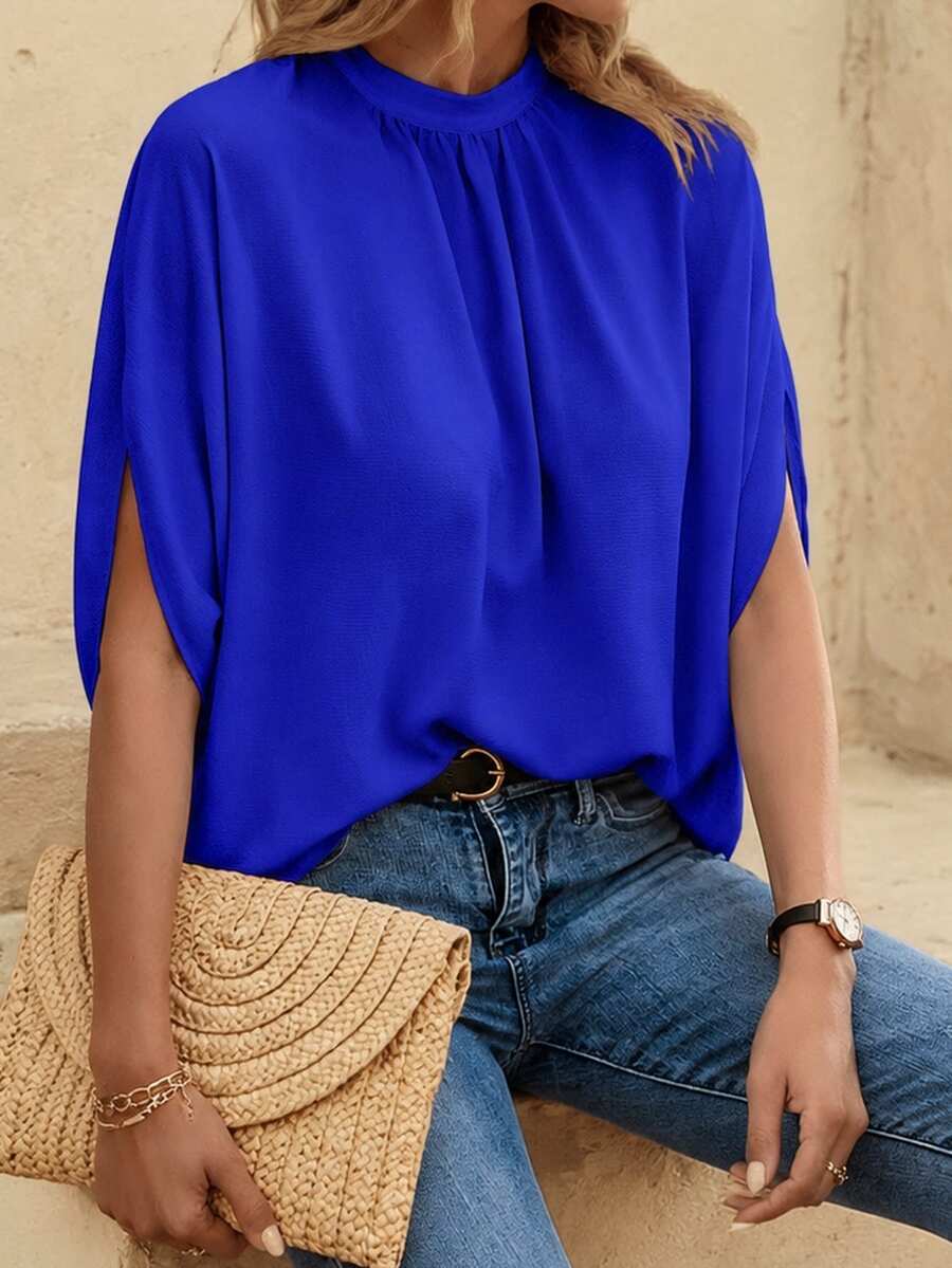 EMERY ROSE Blusa con cordón trasero de manga murciélago unicolor - azul real - Ver 1