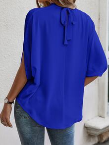 EMERY ROSE Blusa con cordón trasero de manga murciélago unicolor - azul real - Ver 2