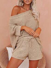 SHEIN Women's Summer Khaki Casual Loungewear Set,Solid Half Sleeve Off Shoulder Hoodie,Elegant French Style Loose Slouchy Knitted Sweater Two Piece Set - Apricot - View 5