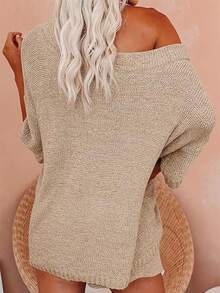 SHEIN Women's Summer Khaki Casual Loungewear Set,Solid Half Sleeve Off Shoulder Hoodie,Elegant French Style Loose Slouchy Knitted Sweater Two Piece Set - Apricot - View 2