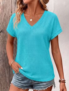 EMERY ROSE Casual Solid Color Short Sleeve T-Shirt, Versatile For Summer Occasion Light Blue Vacation - Mint Blue - View 7