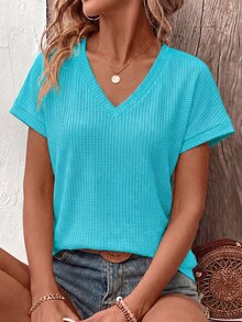 EMERY ROSE Casual Solid Color Short Sleeve T-Shirt, Versatile For Summer Occasion Light Blue Vacation - Mint Blue - View 5
