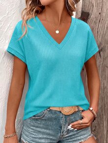 EMERY ROSE Casual Solid Color Short Sleeve T-Shirt, Versatile For Summer Occasion Light Blue Vacation - Mint Blue - View 8