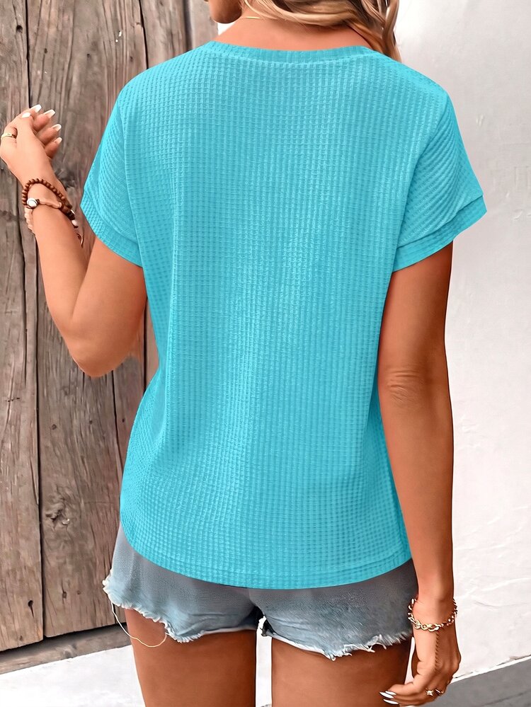 EMERY ROSE Casual Solid Color Short Sleeve T-Shirt, Versatile For Summer Occasion Light Blue Vacation - Mint Blue - View 2
