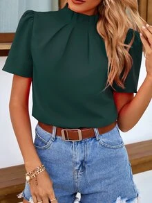 EMERY ROSE Mock Neck Keyhole Back Blouse,Short Sleeve Tops - Dark Green - View 6